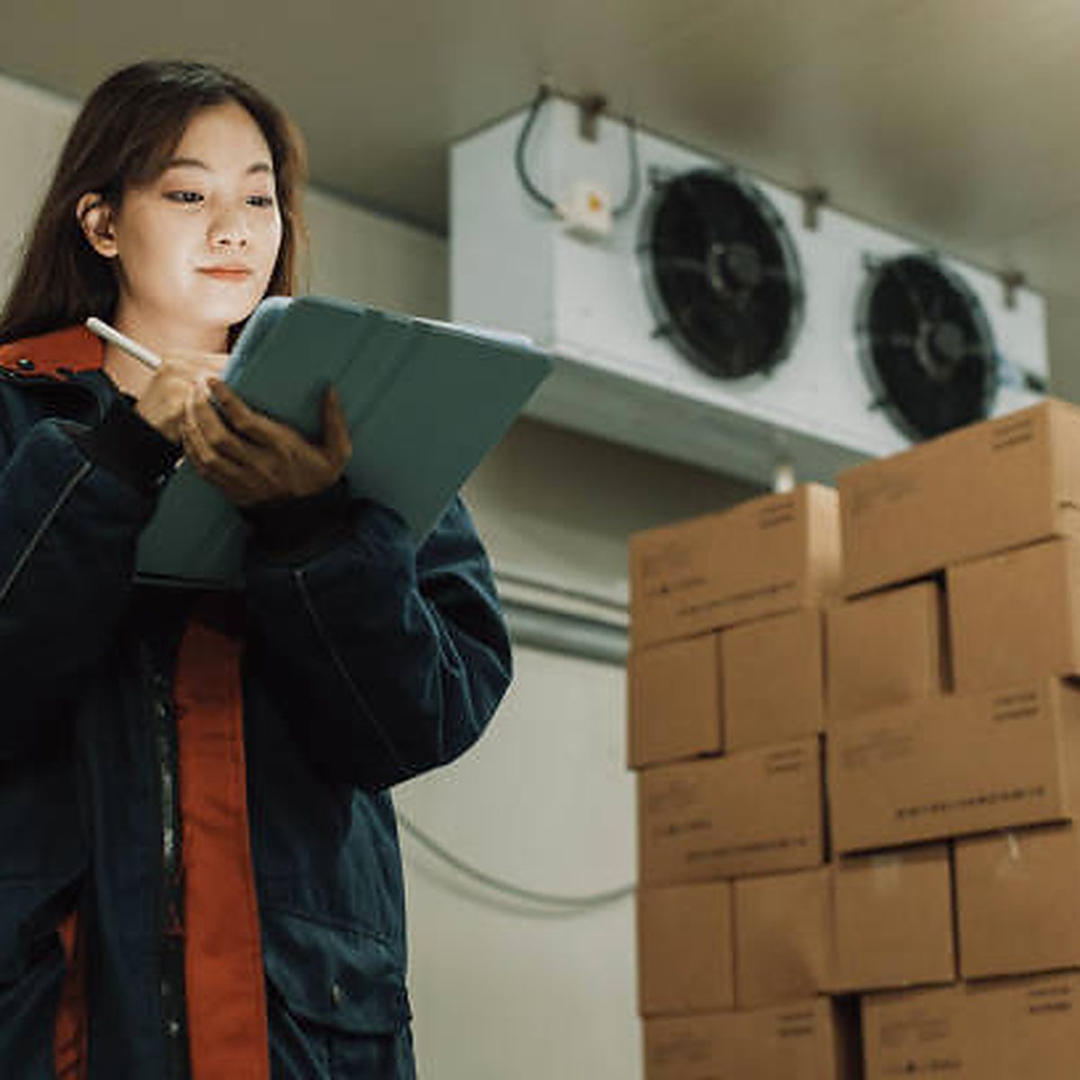 Operaria revisando inventario en un cuarto frío junto a cajas apiladas, carga con control de tiempo y temperatura